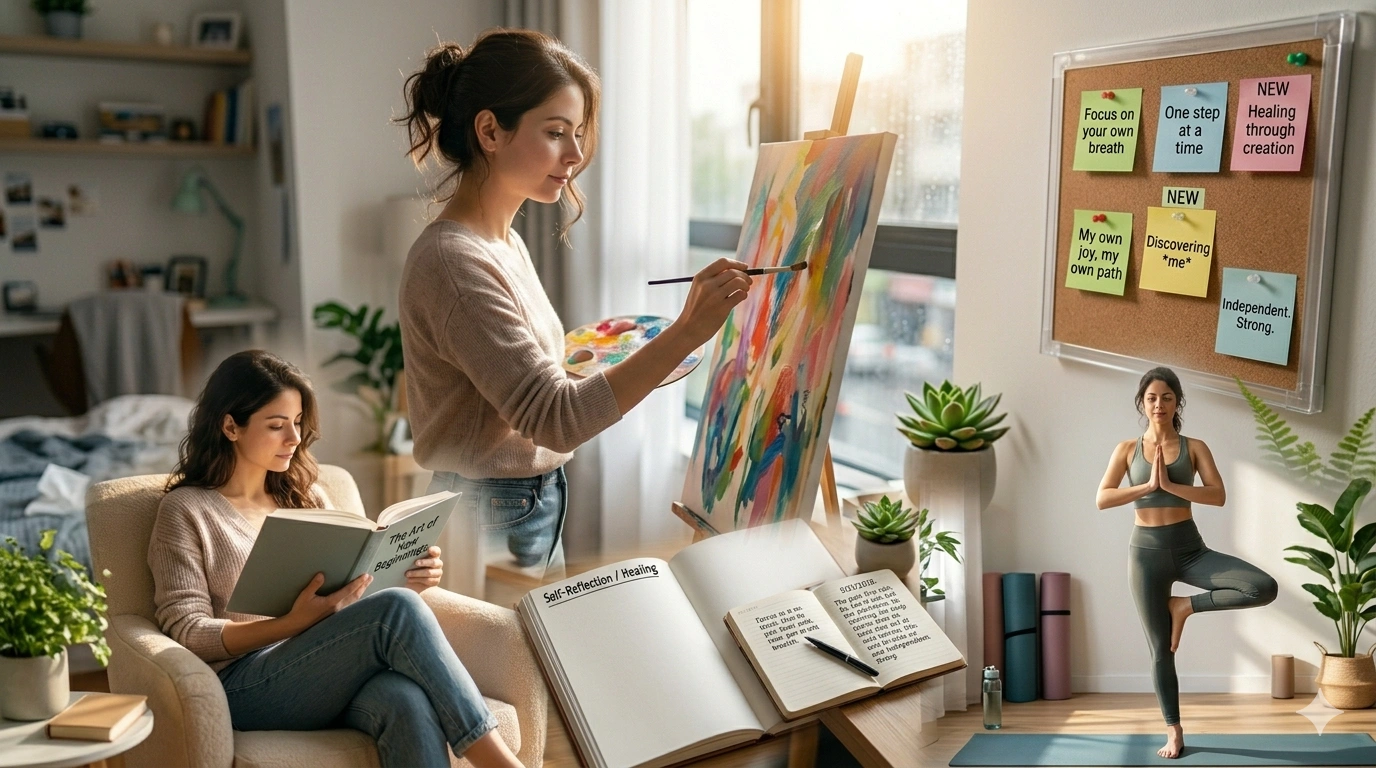 Person rediscovering hobbies and personal identity after heartbreak